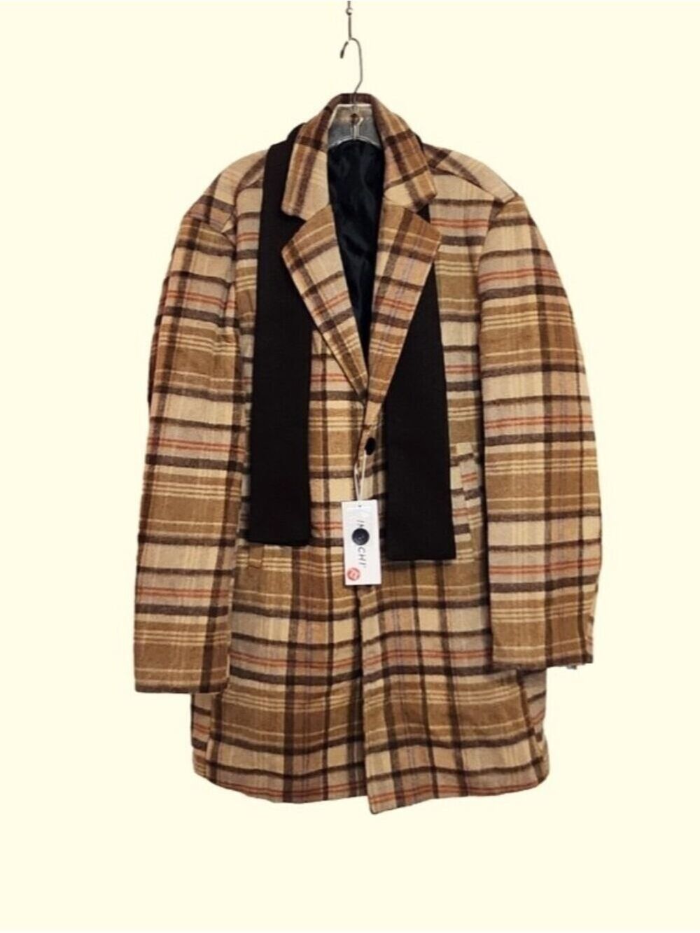 Amazon Wool Blend Plaid Mens Trench Coat Peacoat With Scarf Brown/Tan X-Large